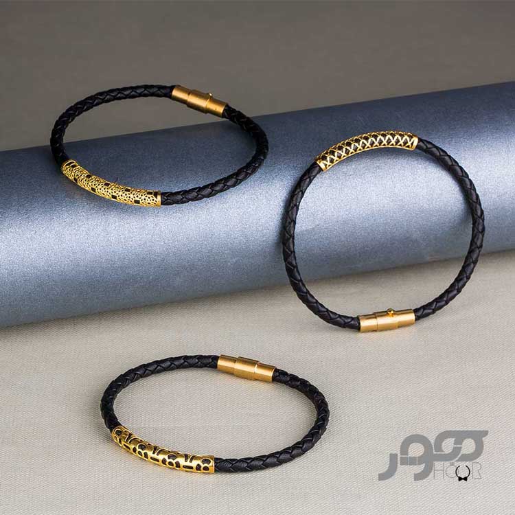 دستبند چرم مردانه با پلاک طلا طرح لوله ای کد AMB106