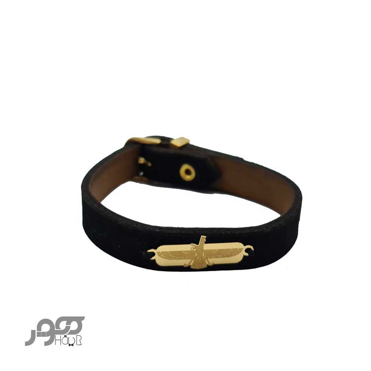 دستبند چرم مردانه با پلاک طلا طرح فروهر  کد BMB108