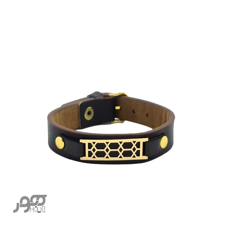 دستبند چرم مردانه با پلاک طلا طرح مشبک کد BMB116