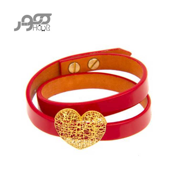دستبند چرم زنانه با پلاک طلا طرح قلب کد AXB939