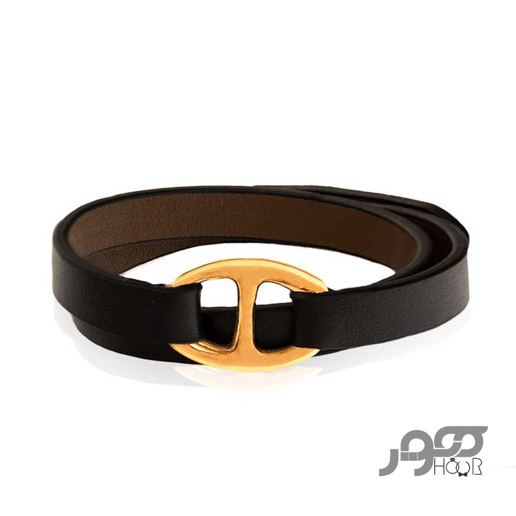 دستبند چرم زنانه با پلاک طلا طرح هرمس کد AXB822