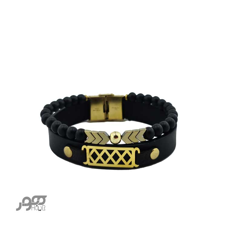 دستبند چرم مردانه با پلاک طلا هندسی کد BMB106