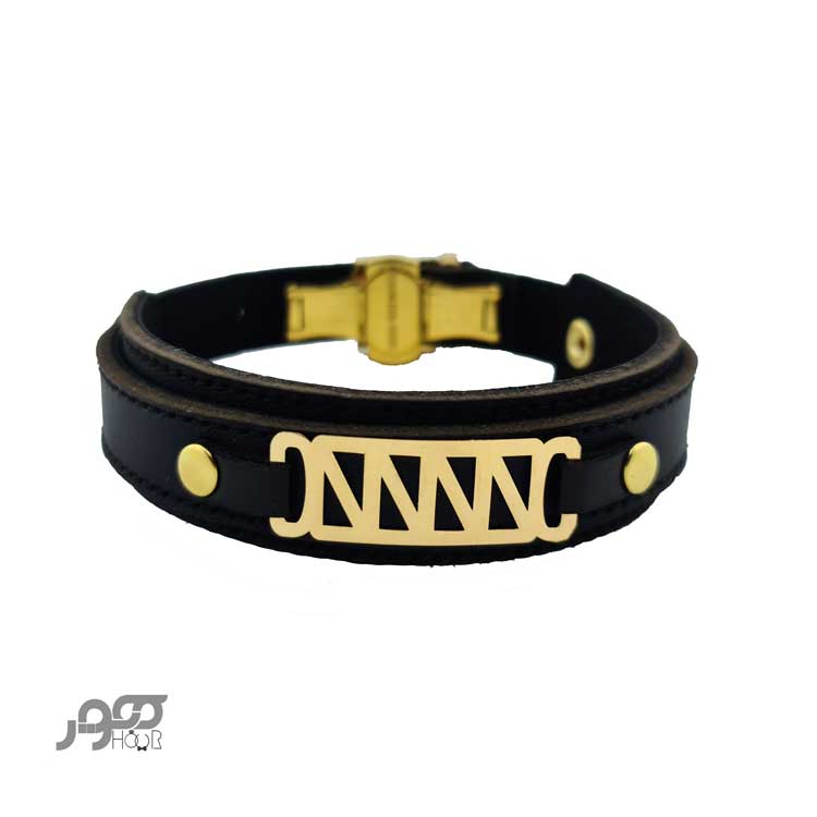 دستبند چرم مردانه با پلاک طلا طرح هندسی کد BMB115