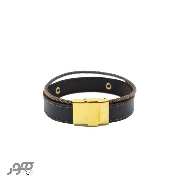 دستبند چرم مردانه با پلاک طلا طرح اسلیمی کد BMB118